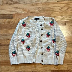 Sweet Rain Cream Cardigan with Red Strawberry crochet Appliqués. Size medium.